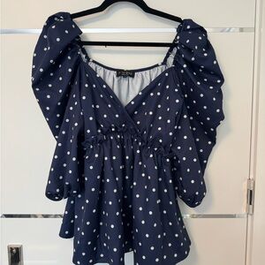 Navy Puff Sleeve Blouse with White Dots